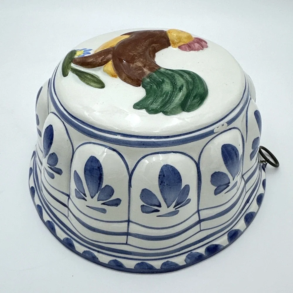 Vtg ABC Bassano Italy Rooster Ceramic Mold Hand Painted Wall Hanging Blue White